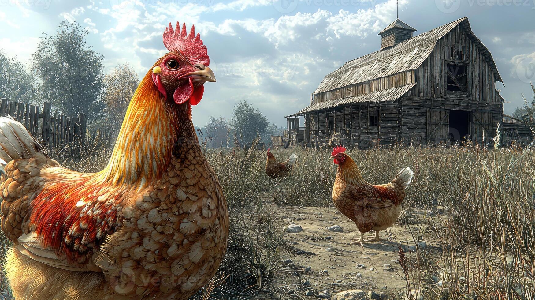 Rustic Barn Scene Featuring Chickens in a Rural Setting photo