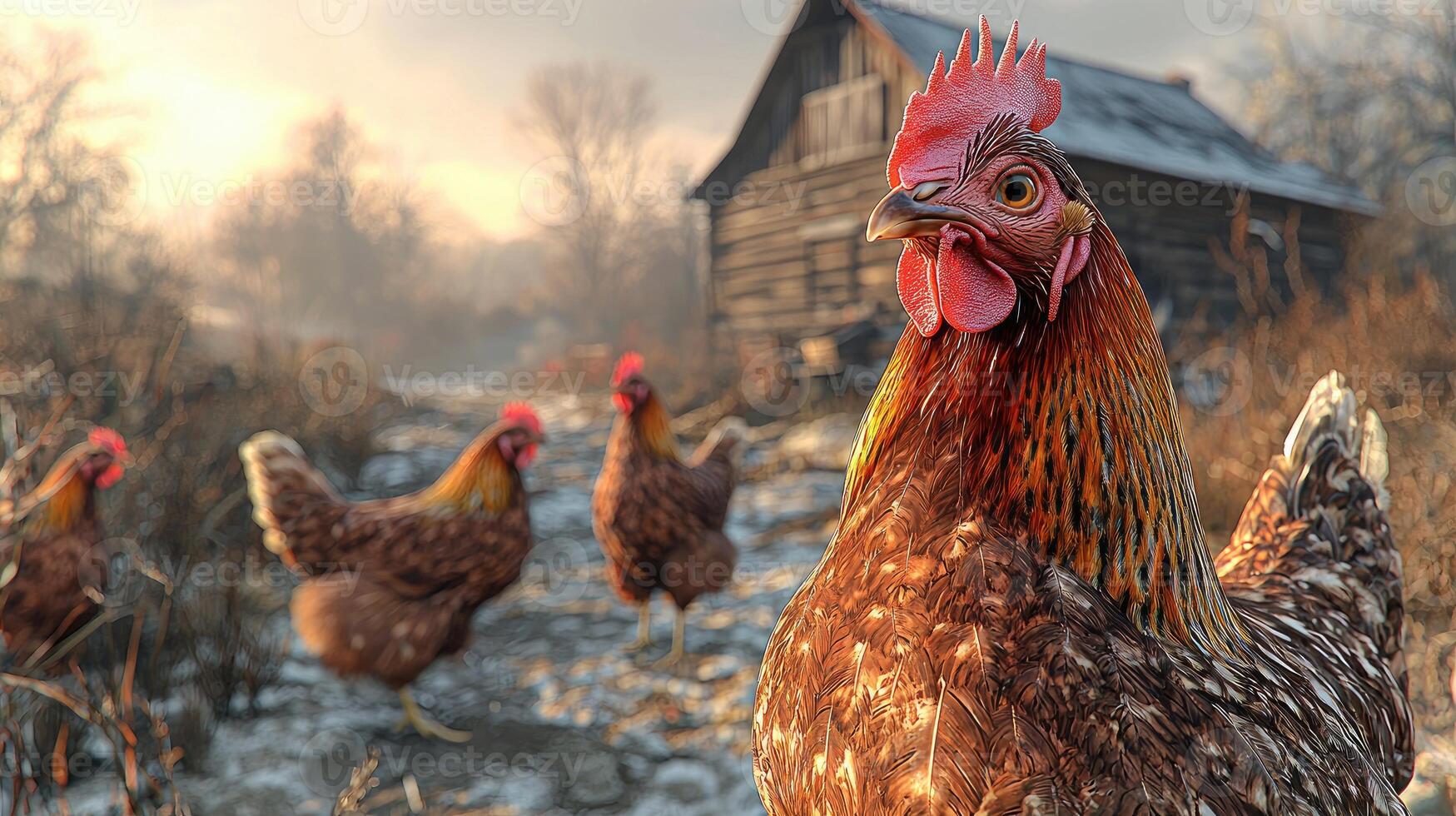 Majestic Hen and Flock at Sunrise on Farm photo