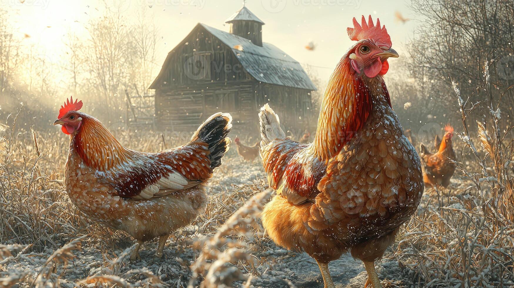 Chickens in Snowy Winter Farm Setting Near Barn photo