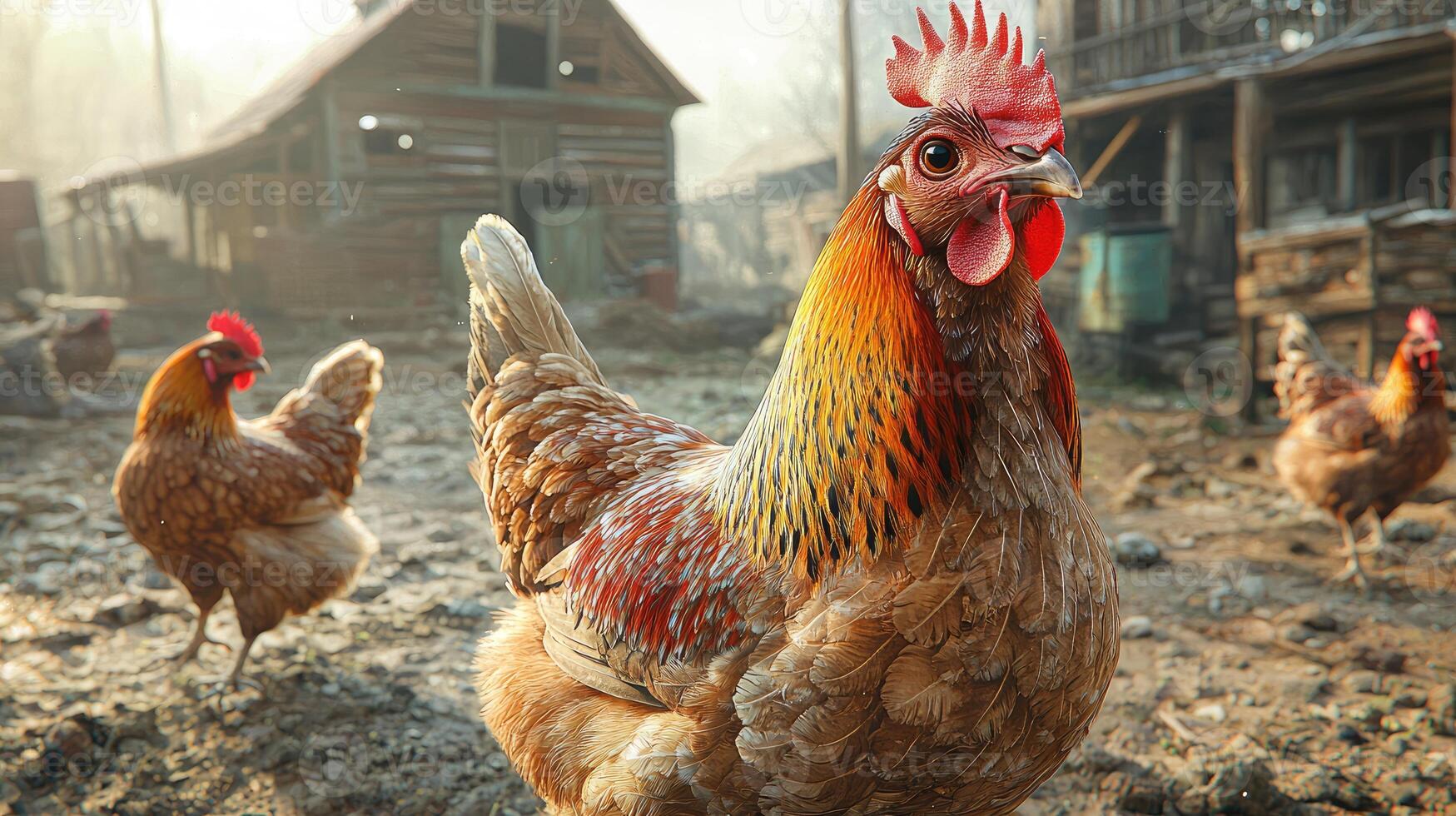 Rooster and Hens on Farm Near Rustic Barn photo