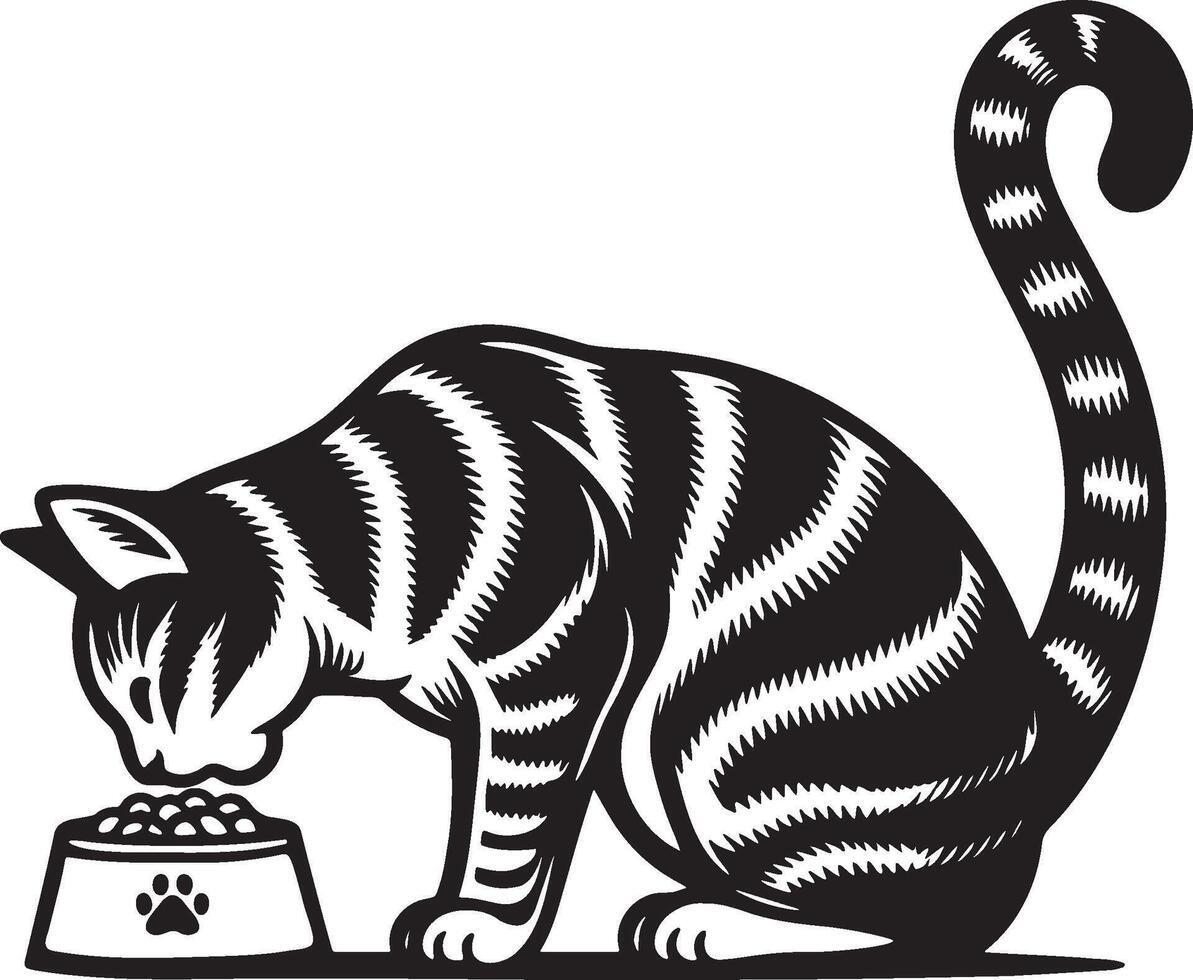 Cat Eatting Food Sketch Drawing. vector
