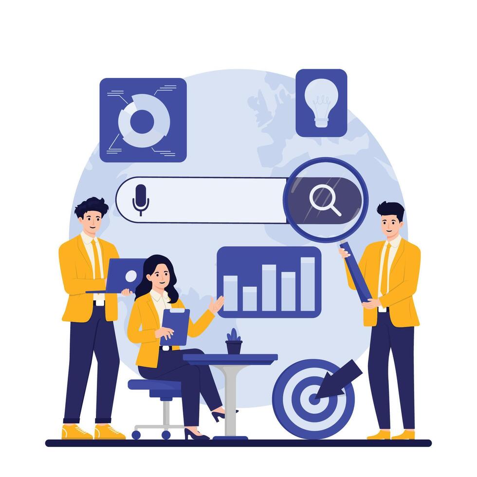 Search engine optimization seo concept. illustration in flat style. Man and woman sitting on chairs and talking. conference, online meeting, webinar, webinar. vector