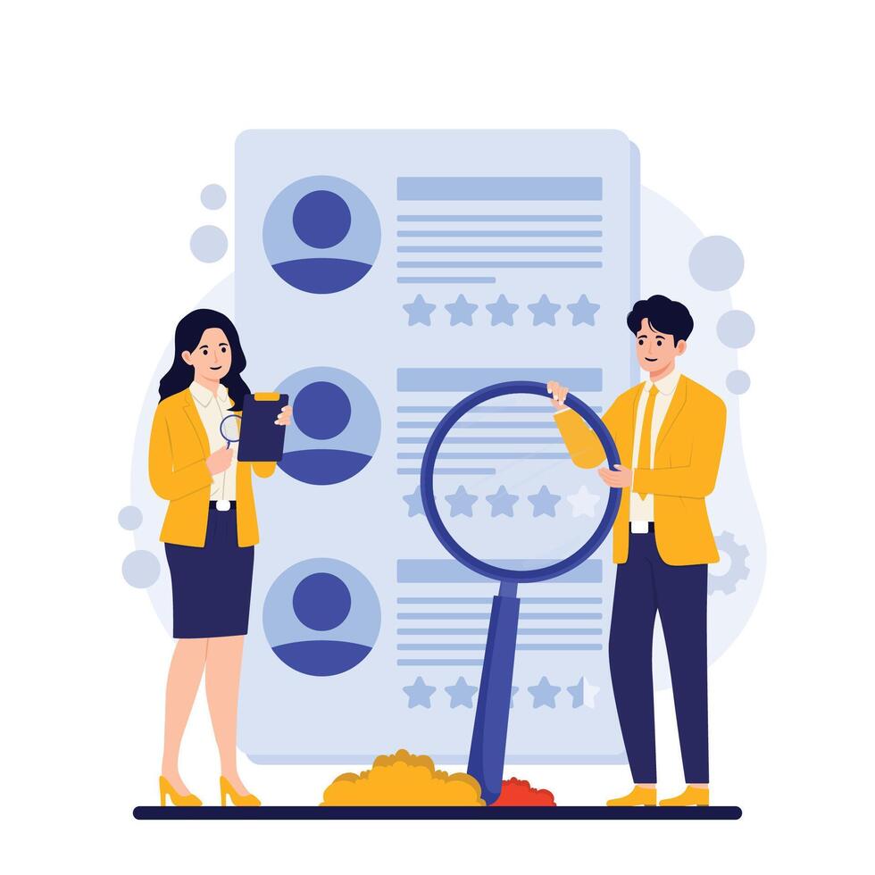 Man and woman looking for job candidate with magnifier. Recruitment, employment concept. illustration in flat style vector