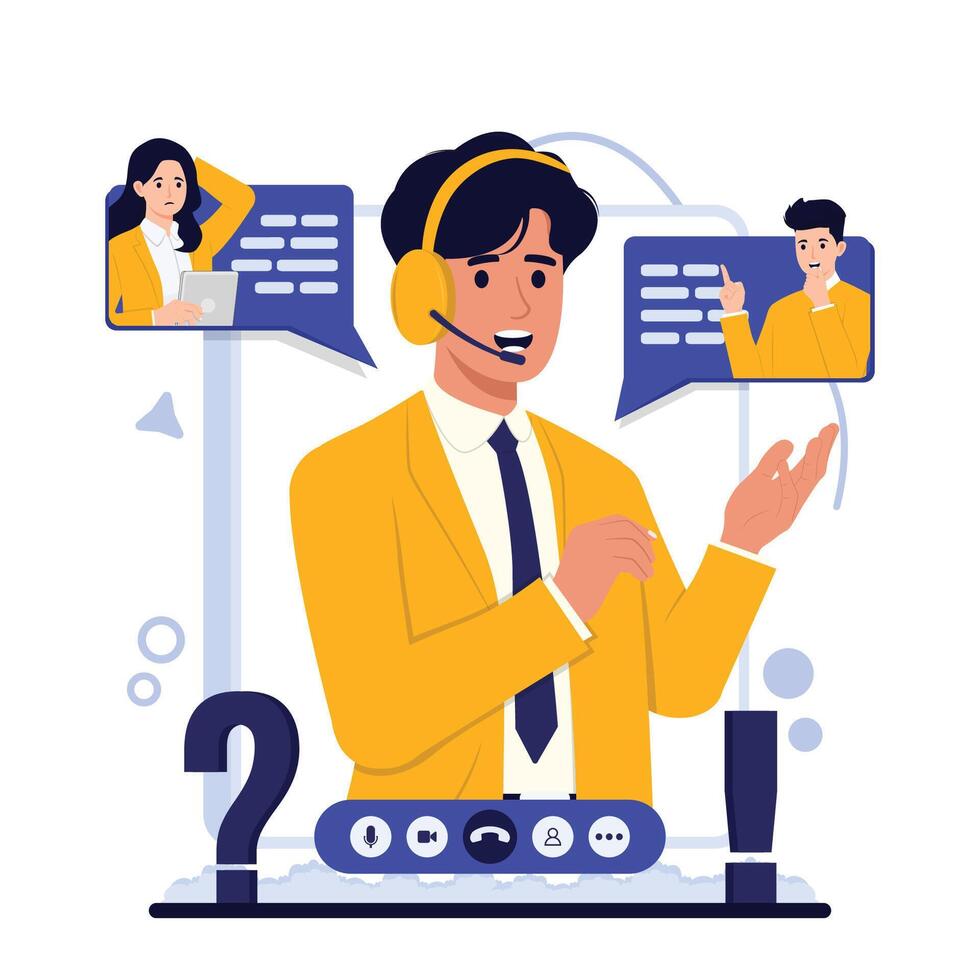 Call center service illustration. Cartoon man customer support operator with headset talking on phone. Customer support and assistance concept. vector