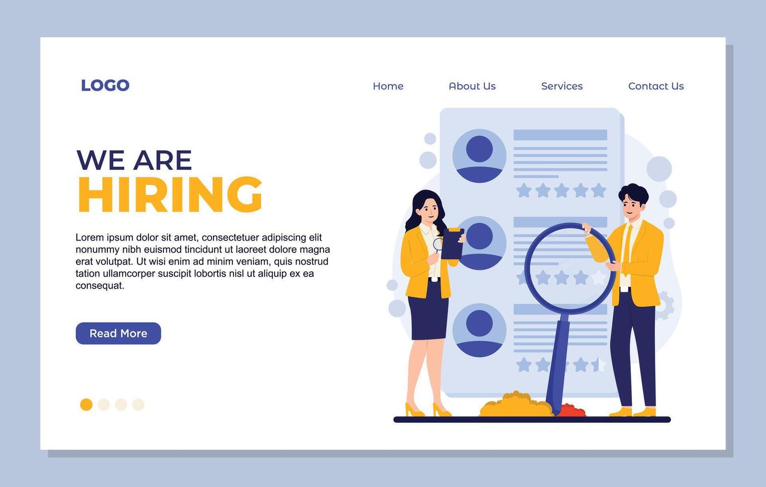 We are hiring landing page template. Recruitment agency, job interview concept. Human resources management, recruitment agency, job interview, recruitment agency. vector