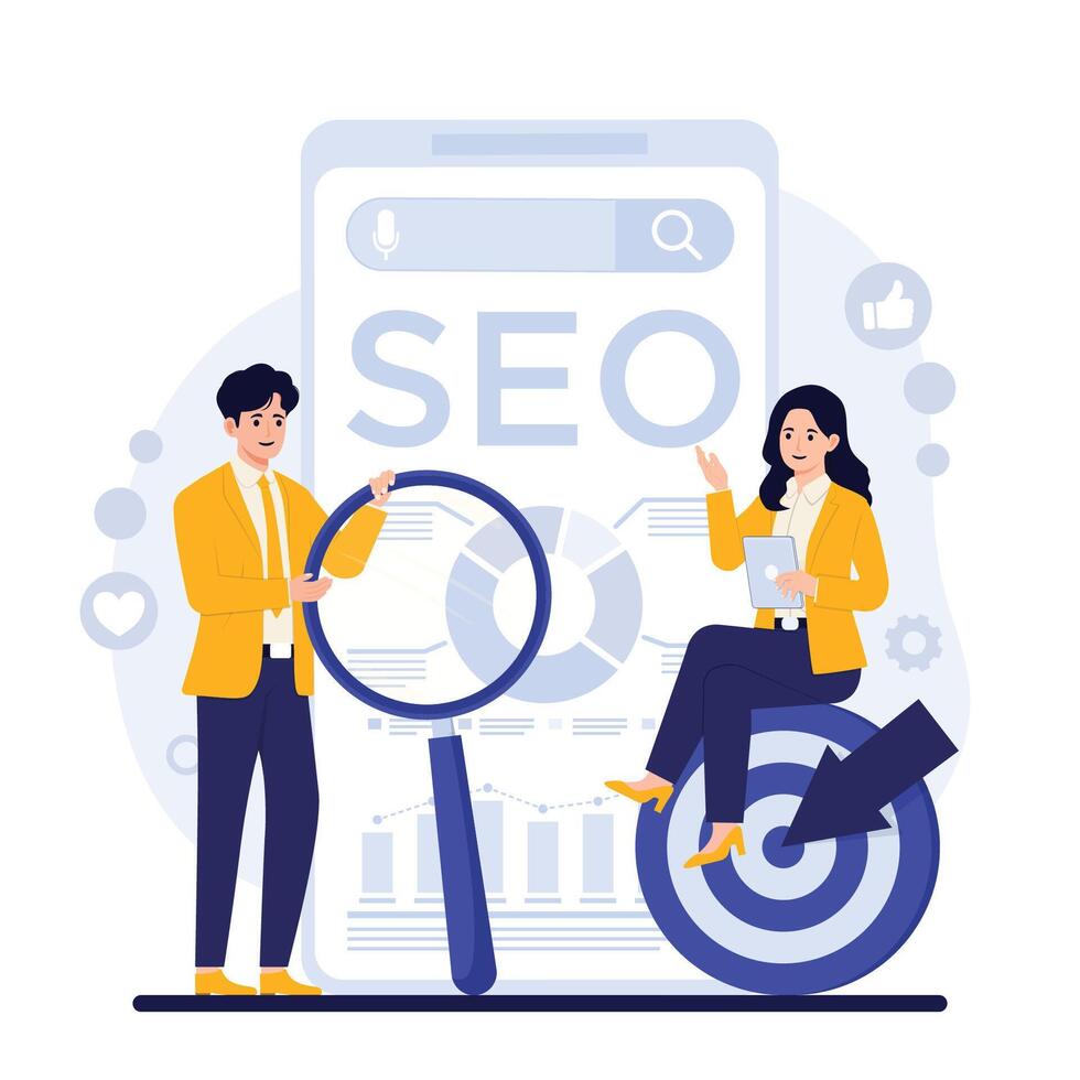 Search engine optimization seo concept. Man and woman sitting on big smartphone with magnifying glass and search engine optimization flat illustration vector