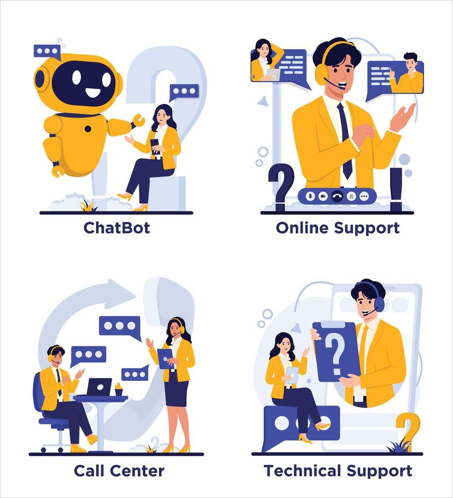 Chatbot concept set. Flat illustrations of man and woman working with chatbot. Chat bot, artificial intelligence, modern technology, robot. vector