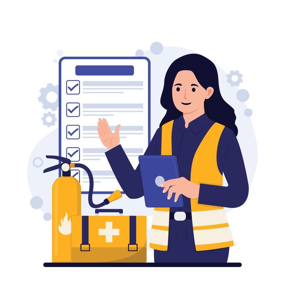 Safety regulation OSHA illustration of a female paramedic with a clipboard and a fire extinguisher. vector
