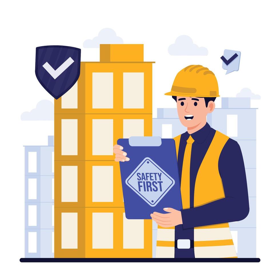 Safety regulation OSHA Worker with checklist and building on background. illustration in flat style vector