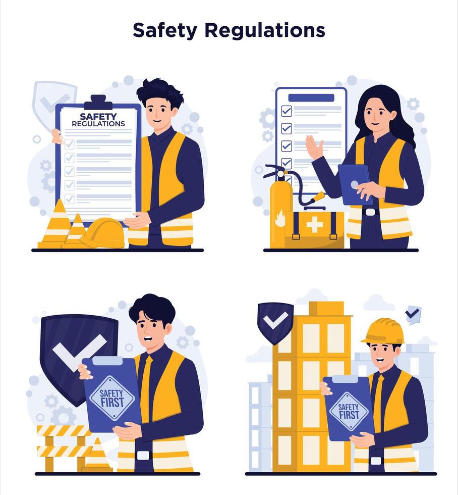 Safety regulation OSHA Safety worker concept set. illustration in flat cartoon style. Safety worker characters. vector