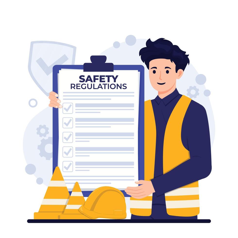 Safety regulation OSHA Construction worker with safety helmet and checklist. illustration in flat style vector