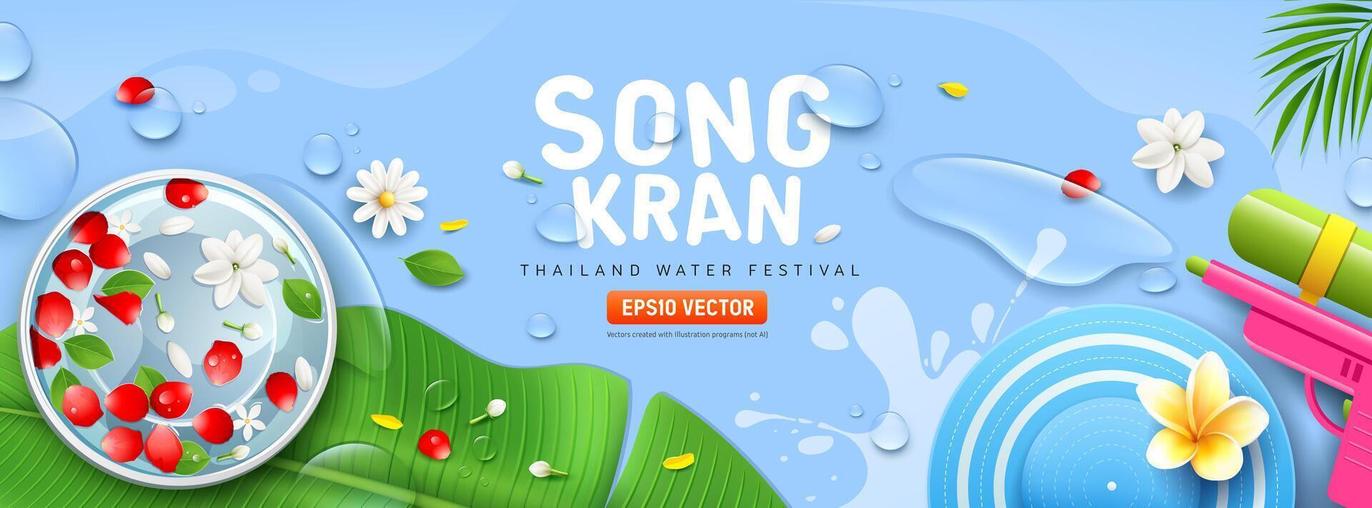 Songkran water festival, water and flower in bowl and water gun, banana leaf, water drop banner design light blue background vector