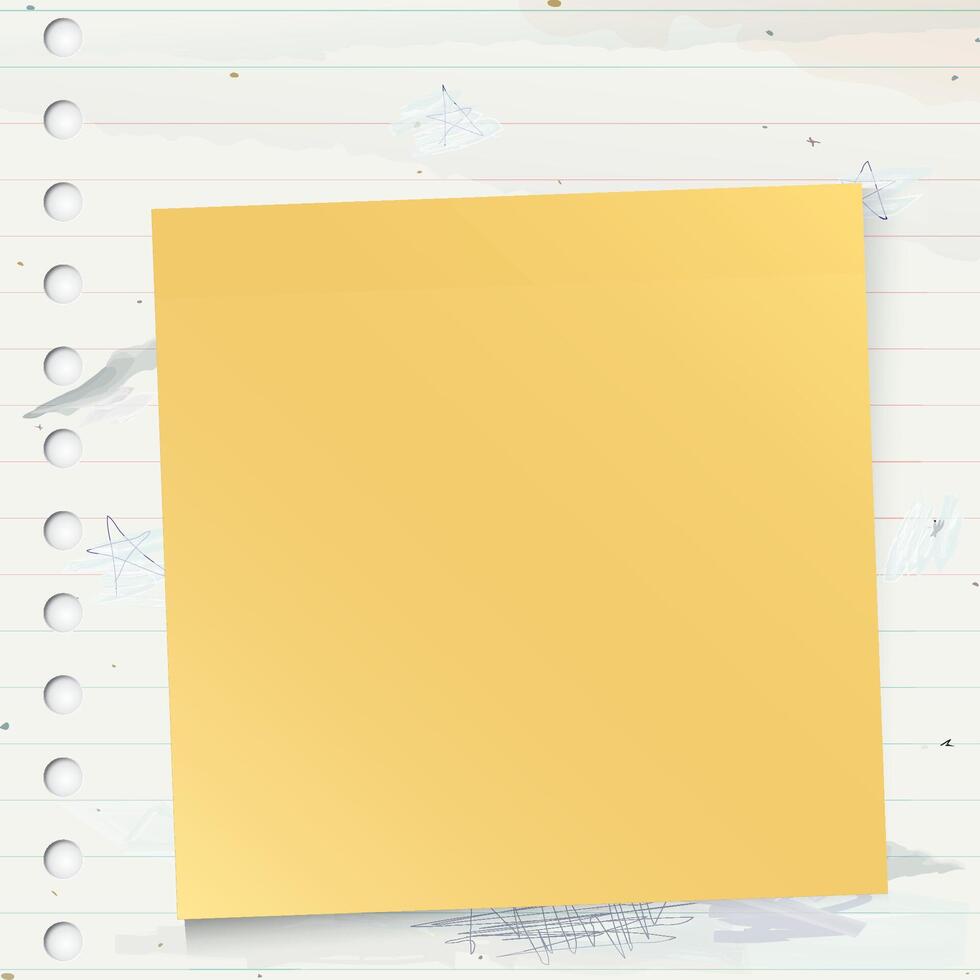 Blank yellow sticky note stick on used old notebook paper square background with stained effect graphic illustration. vector
