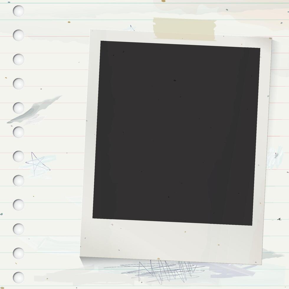Blank old instant photograph stick on used old notebook paper square background with stained effect graphic illustration. vector