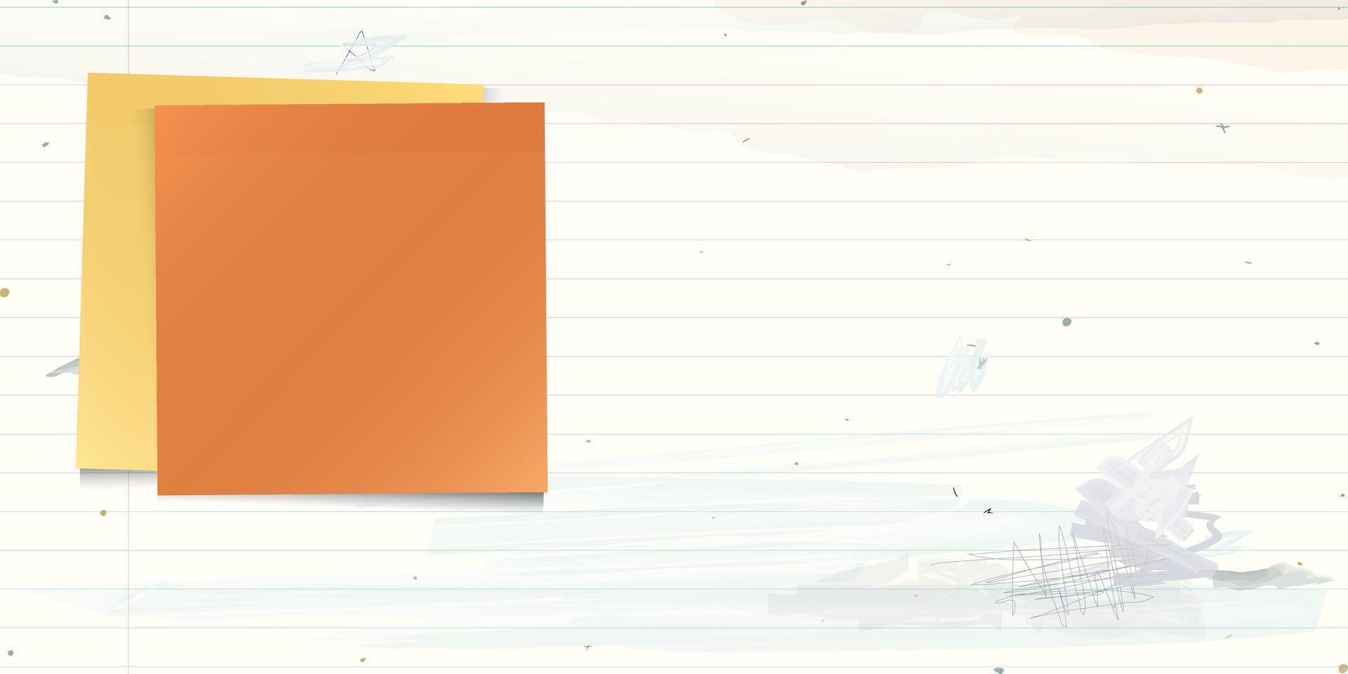 Blank both of sticky notes paper square shape stick on used old notebook paper horizontalo background with stained effect graphic illustration have blank space. vector