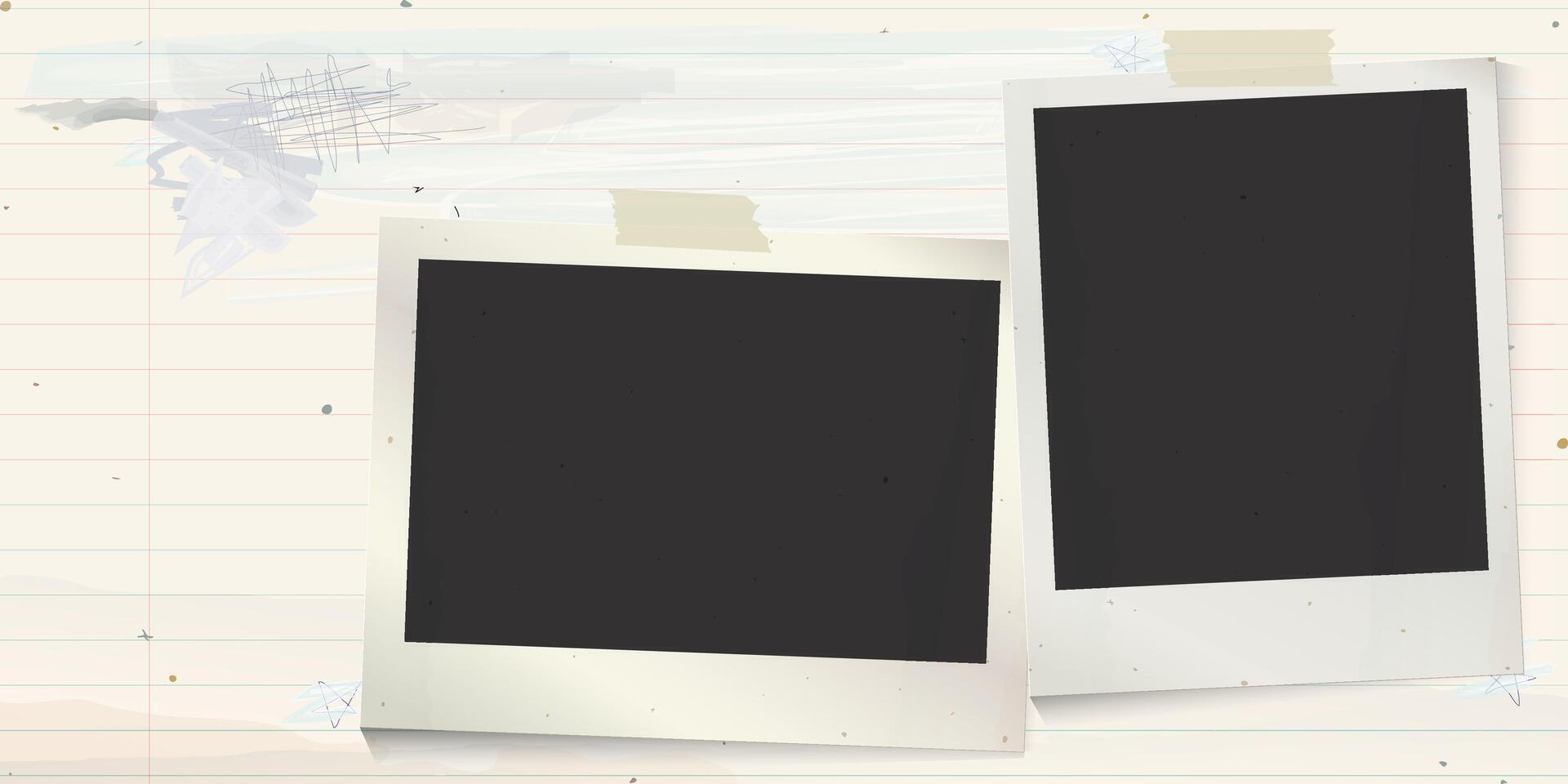 Both of blank old instant photograph stick on used old notebook paper horizontal background with stained effect graphic illustration. vector