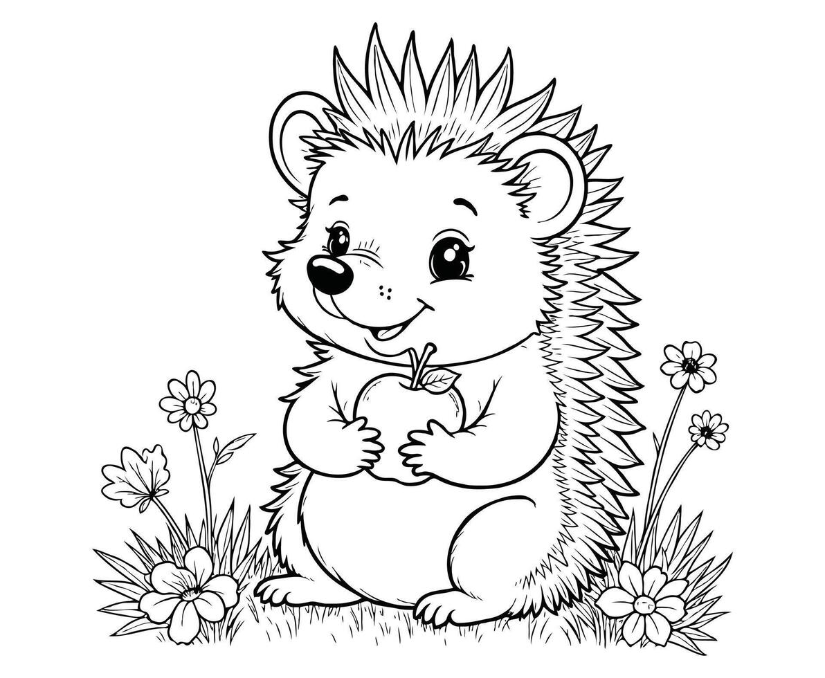 Hedgehog Holding an Apple Coloring Page for kids vector