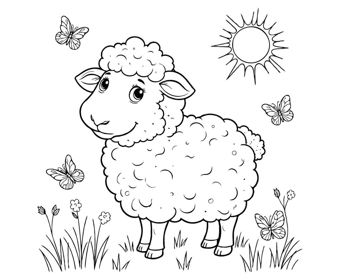 Fluffy Sheep in Sunny Field Coloring Page for kids vector