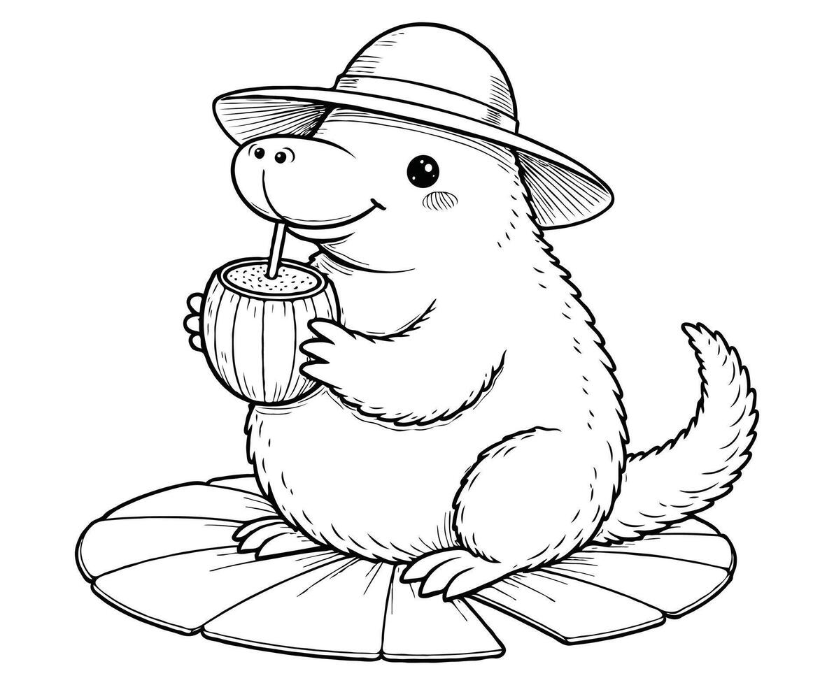 Platypus with Sunhat Floating on Lily Pad Coloring Page vector