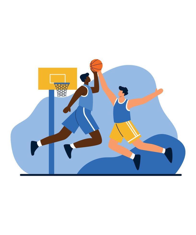 Intense Basketball Game with Players in Mid Air vector
