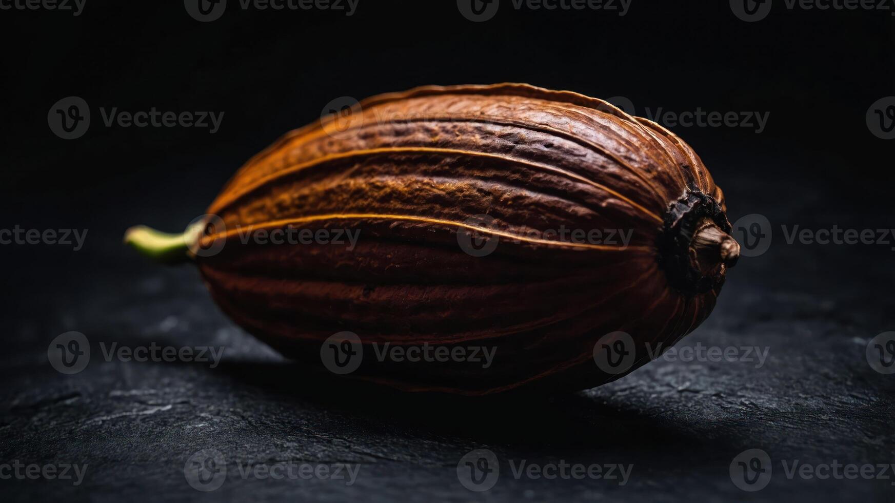 A close-up of a cocoa pod on a dark surface, highlighting its texture and shape. photo