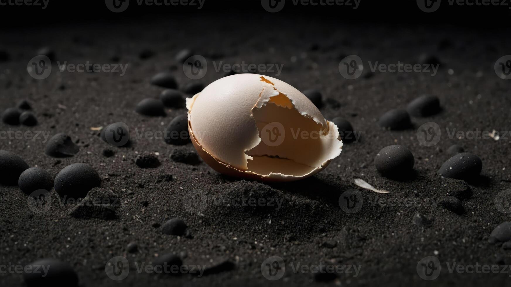 A cracked eggshell on dark soil, surrounded by small stones, evoking themes of creation and nature. photo