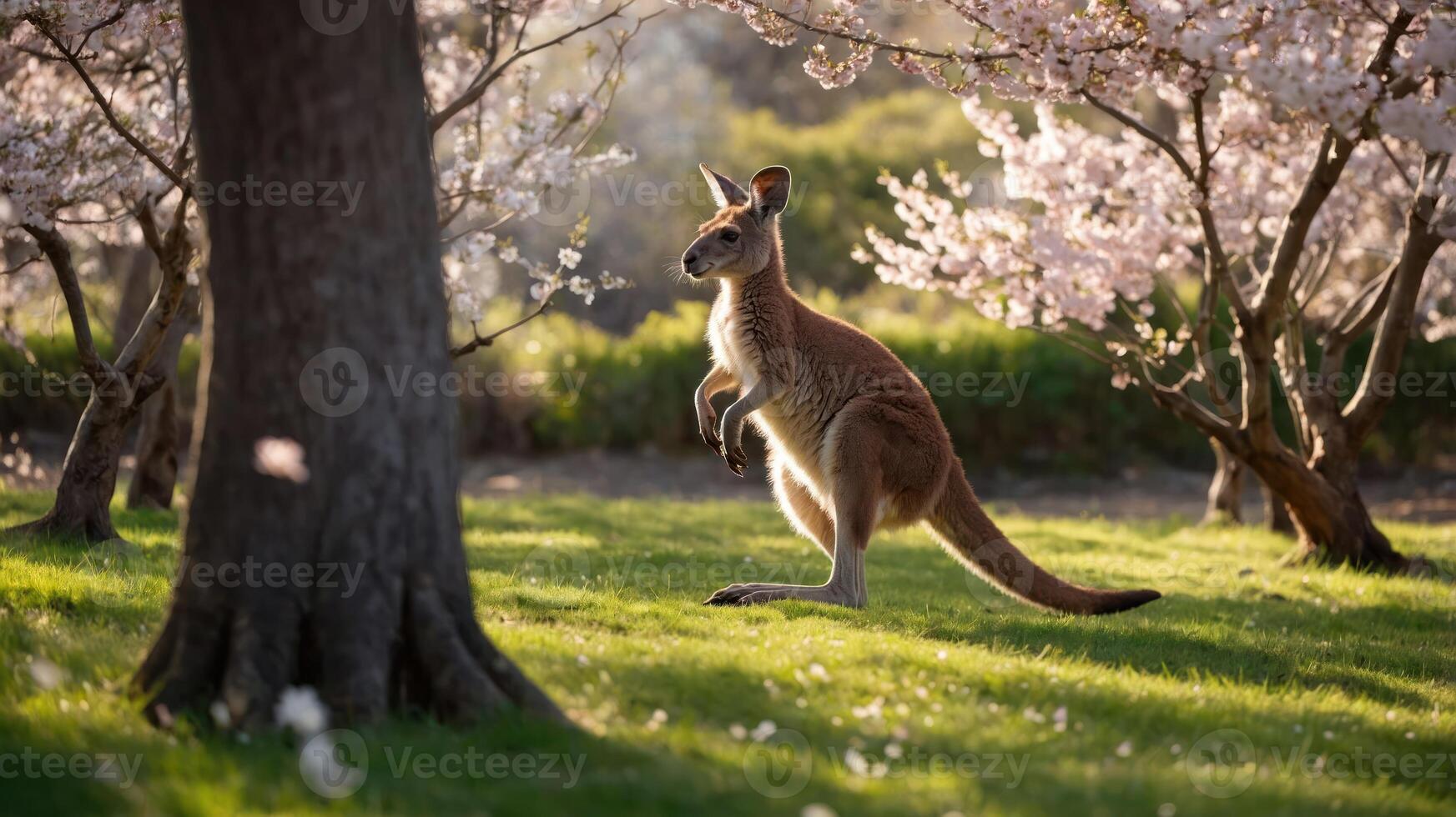 A kangaroo hops through a serene landscape with cherry blossom trees. photo