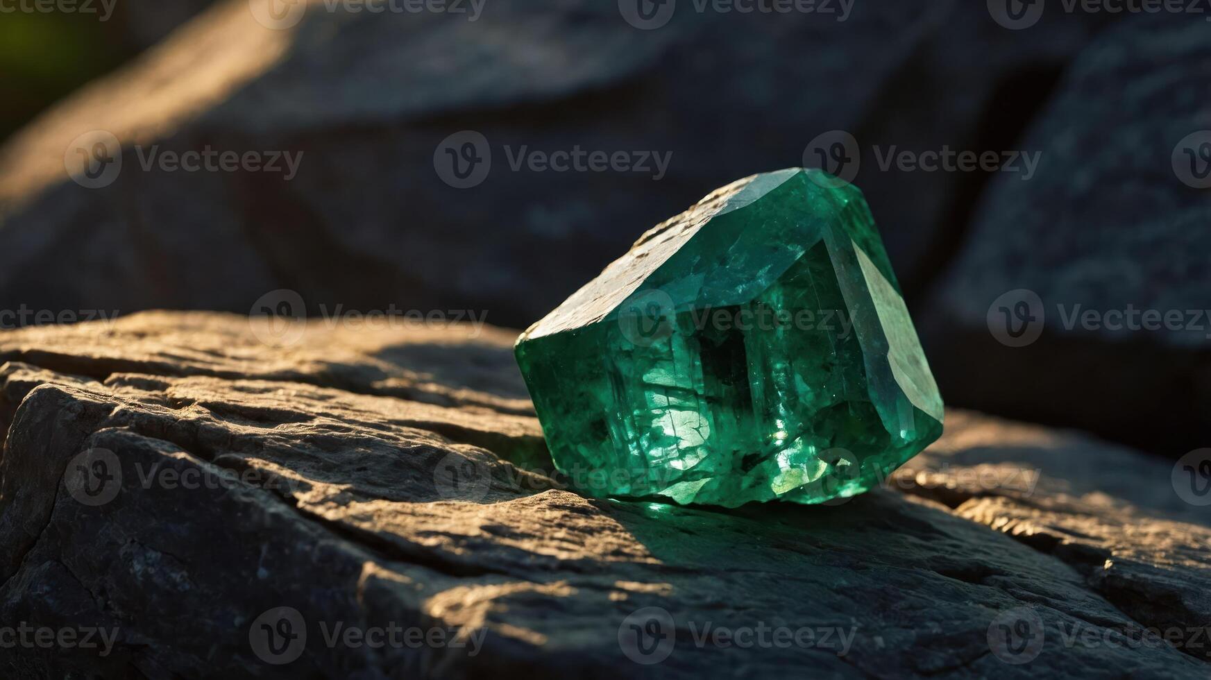 A large, sparkling emerald resting on textured rocks, illuminated by natural light. photo