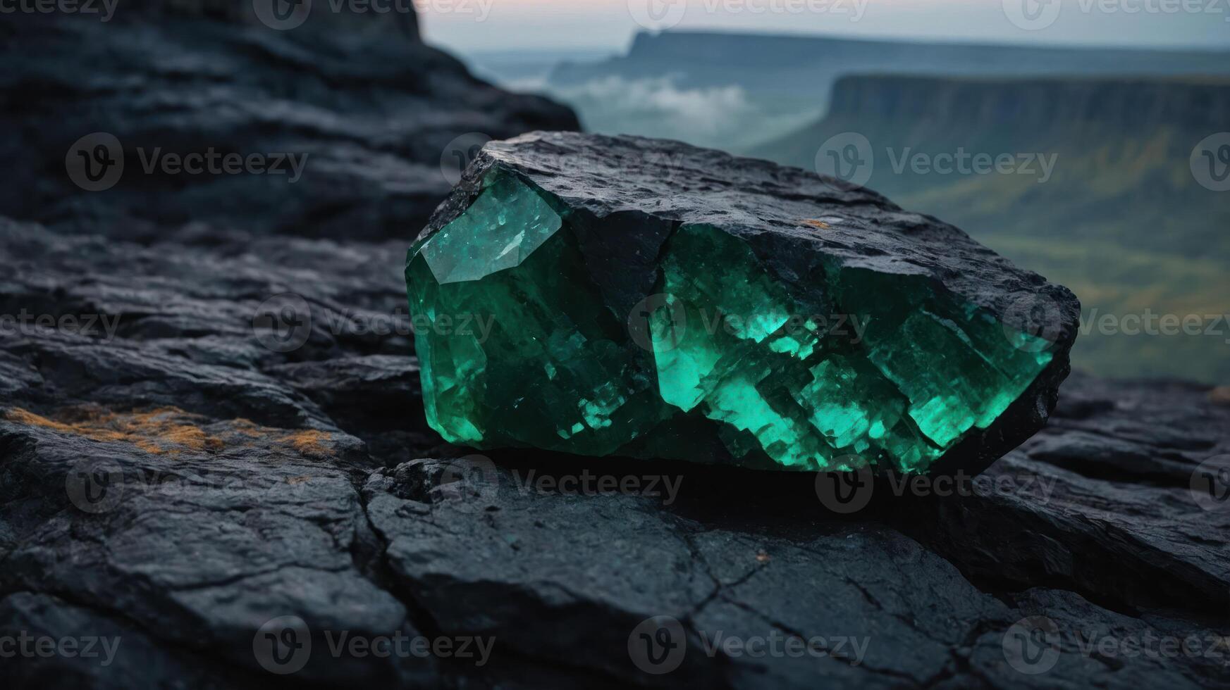 A vibrant green crystal resting on dark rocks with a scenic landscape in the background. photo