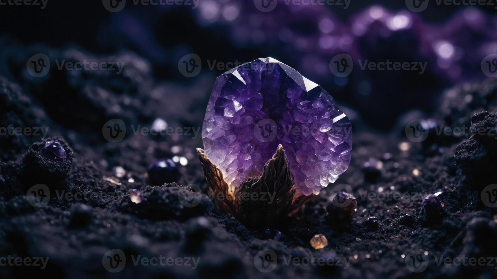 A stunning amethyst crystal emerging from dark soil, illuminated for dramatic effect. photo