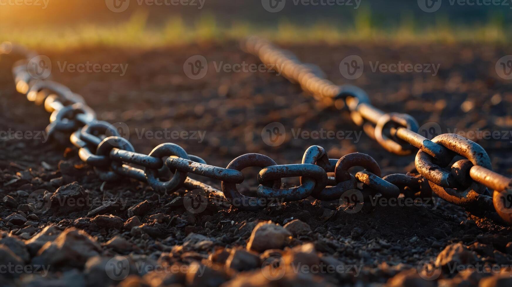 A close-up of a rusted chain lying on the ground, illuminated by warm sunlight. photo