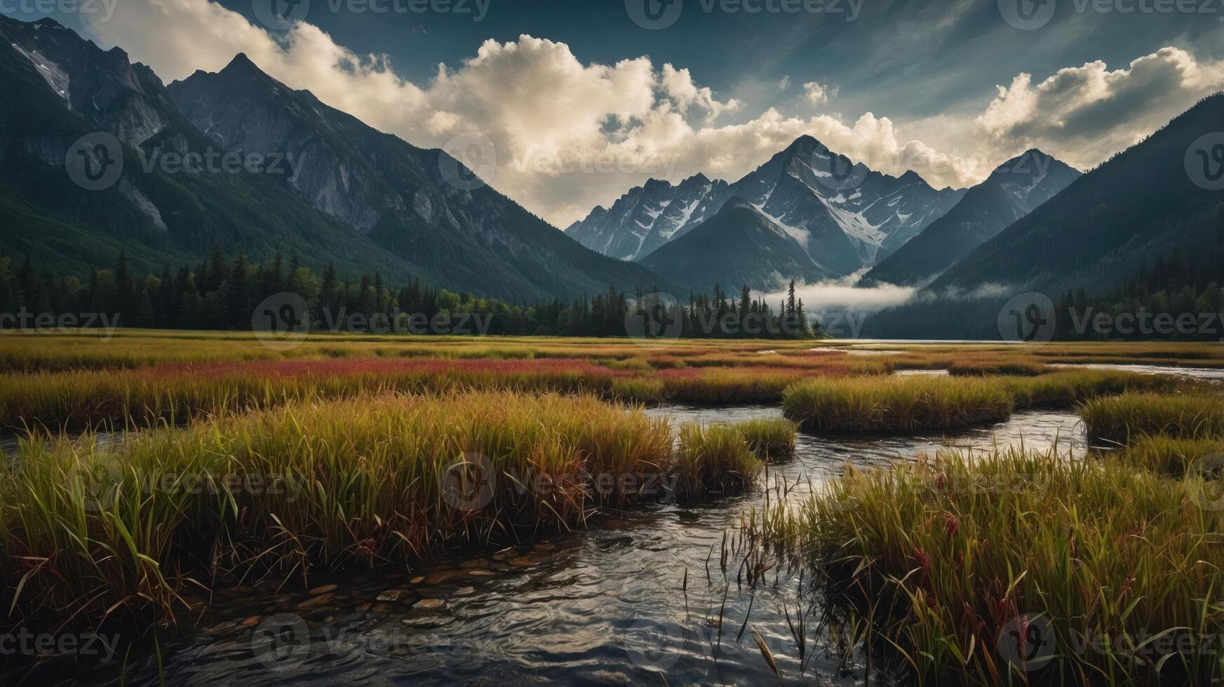 Serene mountain landscape with a river and lush grass, capturing nature's beauty. photo