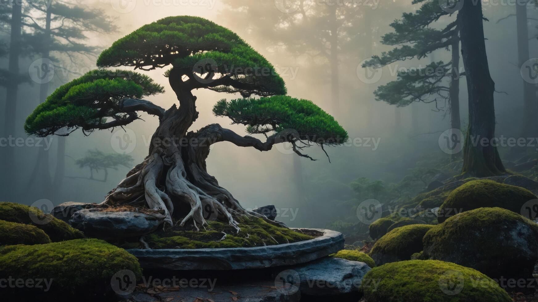 A serene bonsai tree surrounded by misty forest and mossy stones, evoking tranquility. photo