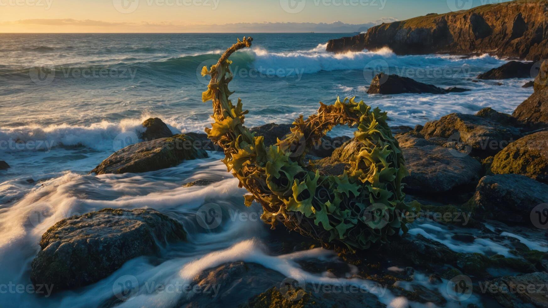 A coastal scene featuring a unique seaweed formation on rocky shores during sunset. photo