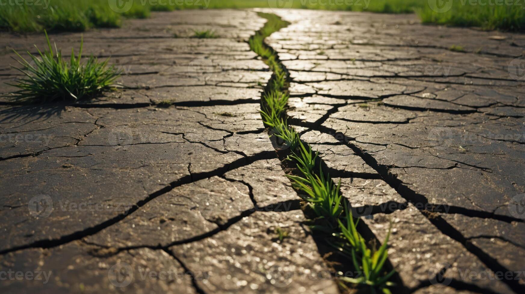 A cracked earth landscape with green grass growing through the fissures, symbolizing resilience. photo