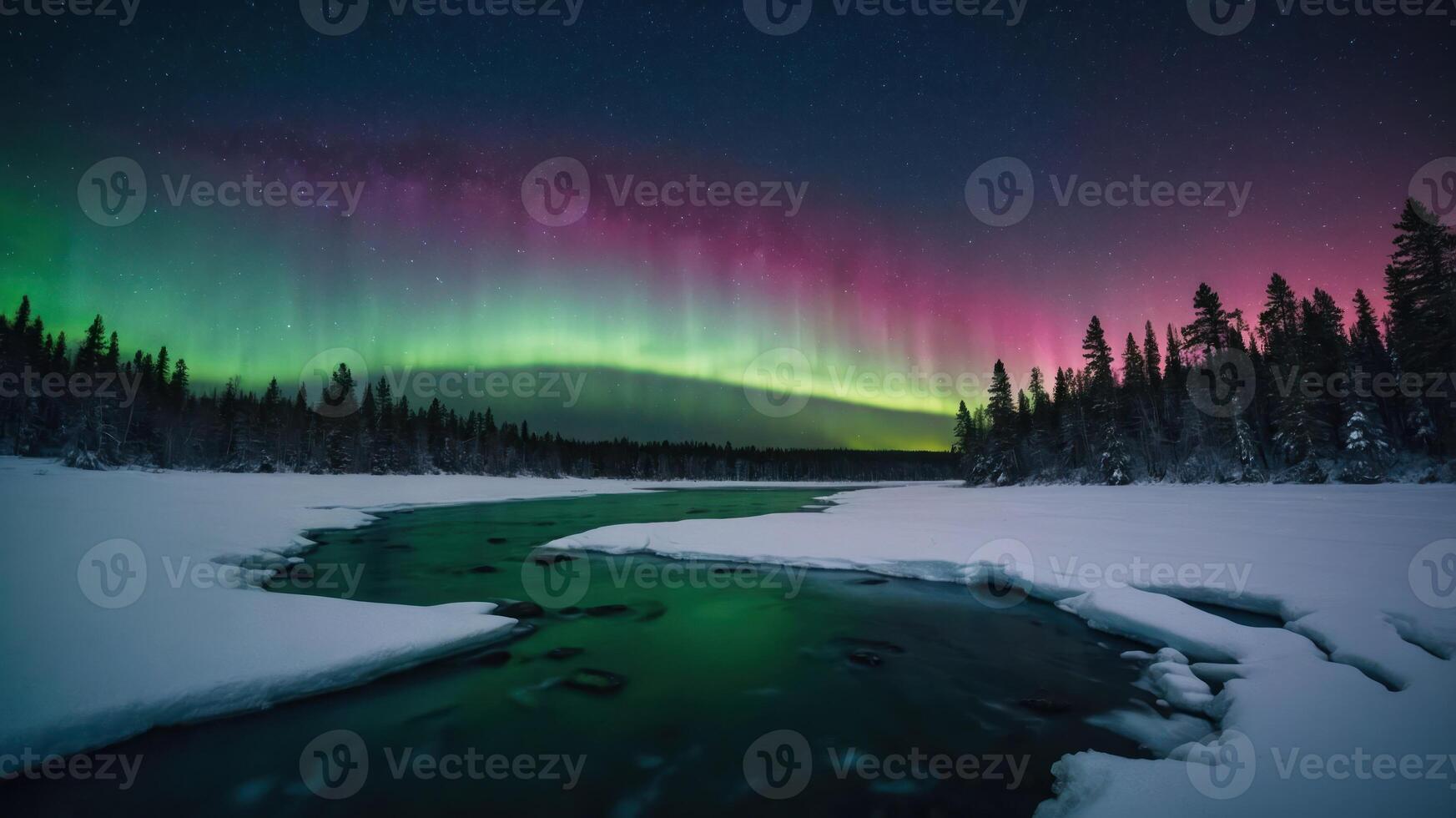 A stunning display of the aurora borealis over a snowy landscape and river. photo
