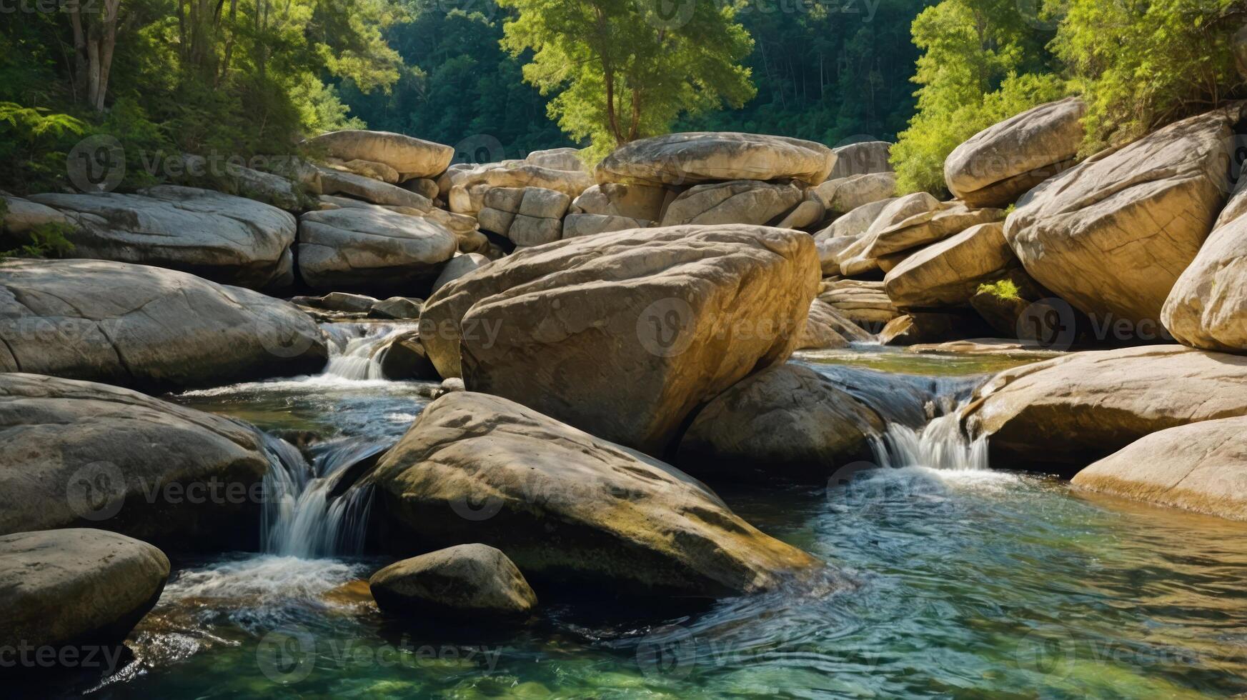 A serene river scene with large rocks and gentle waterfalls surrounded by lush greenery. photo