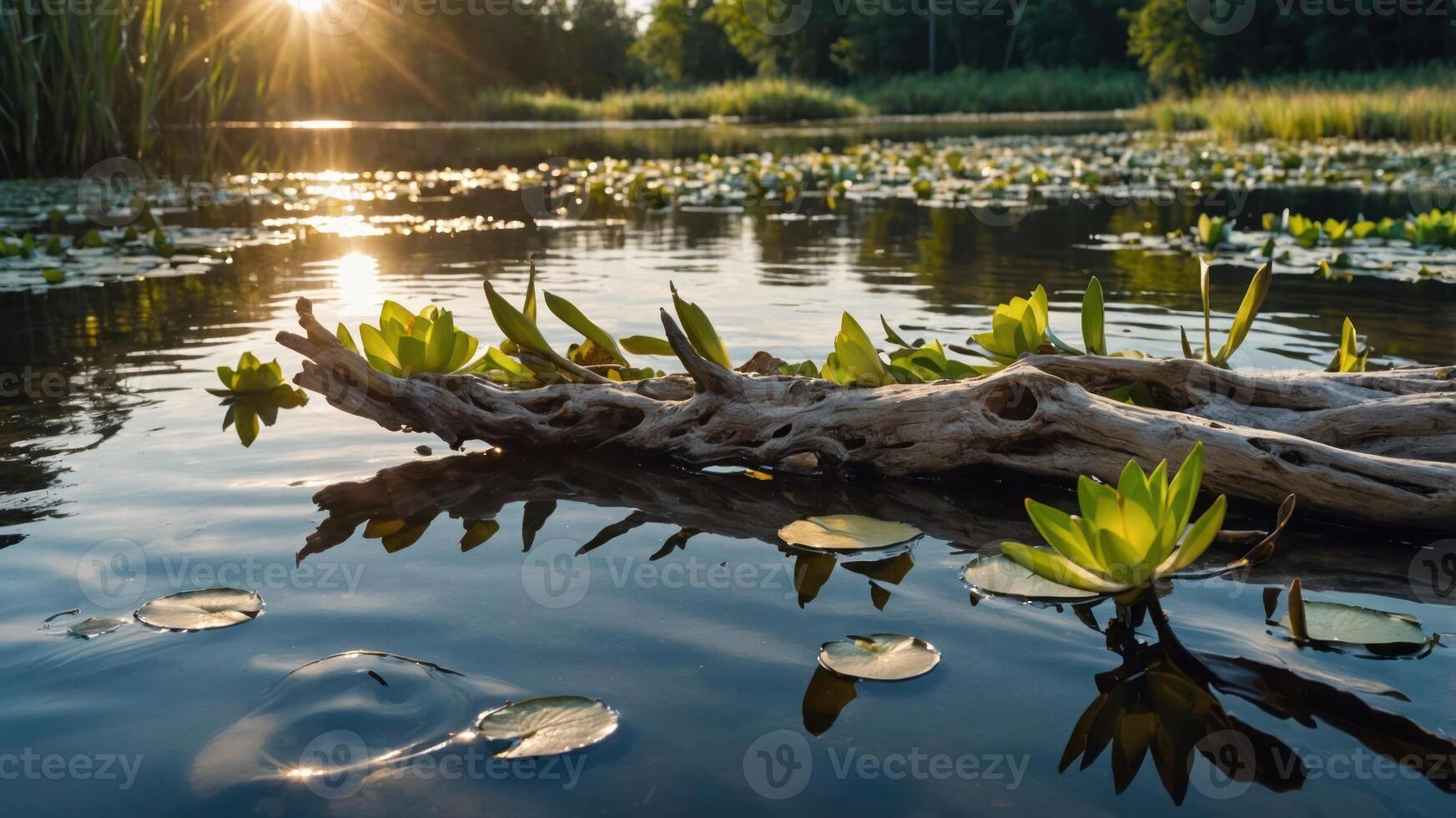 A serene lake scene with water lilies and sunlight reflecting on the water. photo