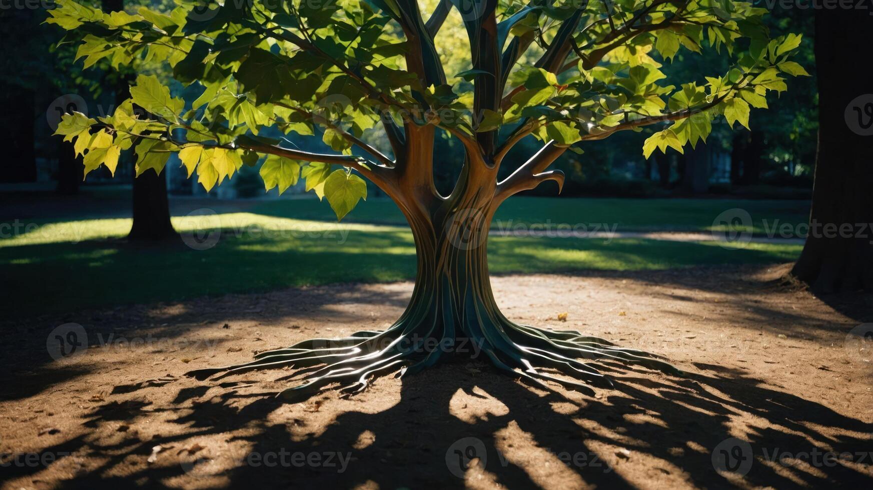 A tree with vibrant leaves casting intricate shadows on the ground. photo