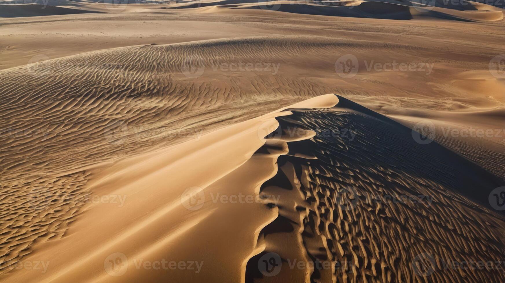 A vast desert landscape featuring undulating sand dunes and textured patterns. photo