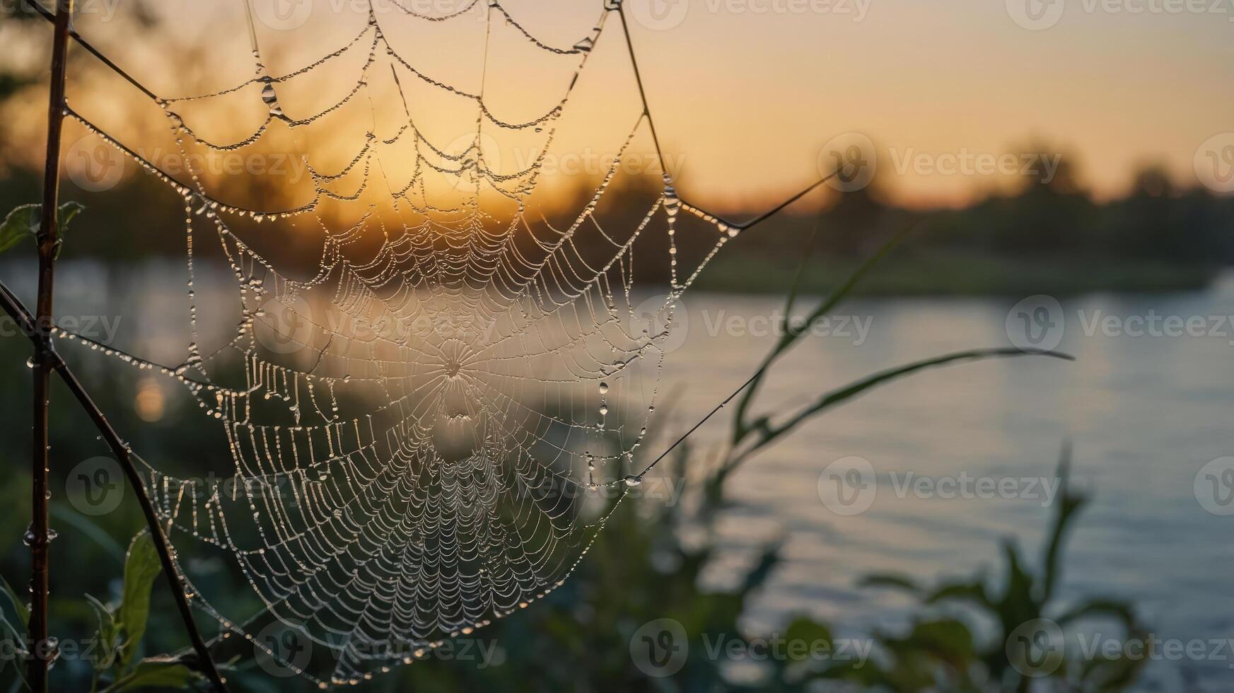 A close-up of a spider web adorned with dew drops against a serene sunset by the water. photo