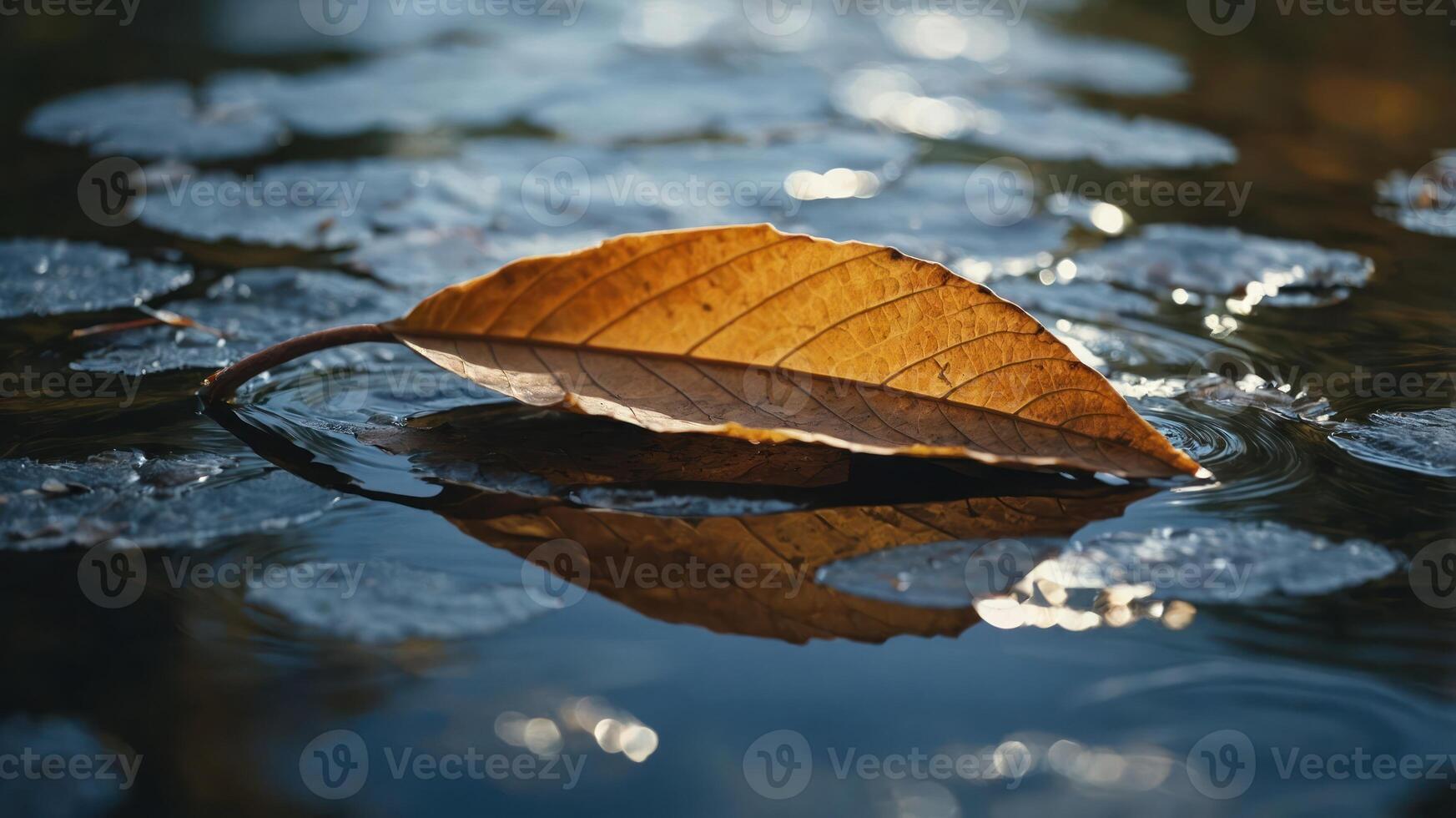 A solitary brown leaf floats on water, surrounded by lily pads, reflecting serene nature. photo