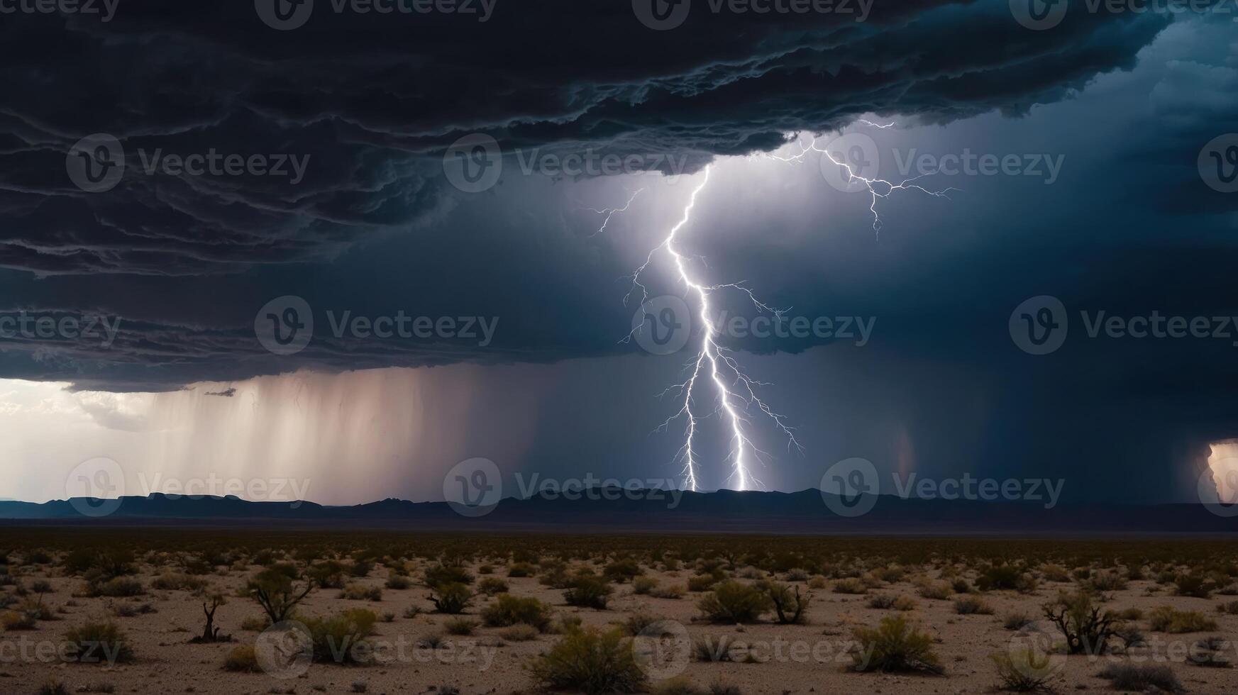 Dramatic lightning strikes illuminate a stormy desert landscape. photo