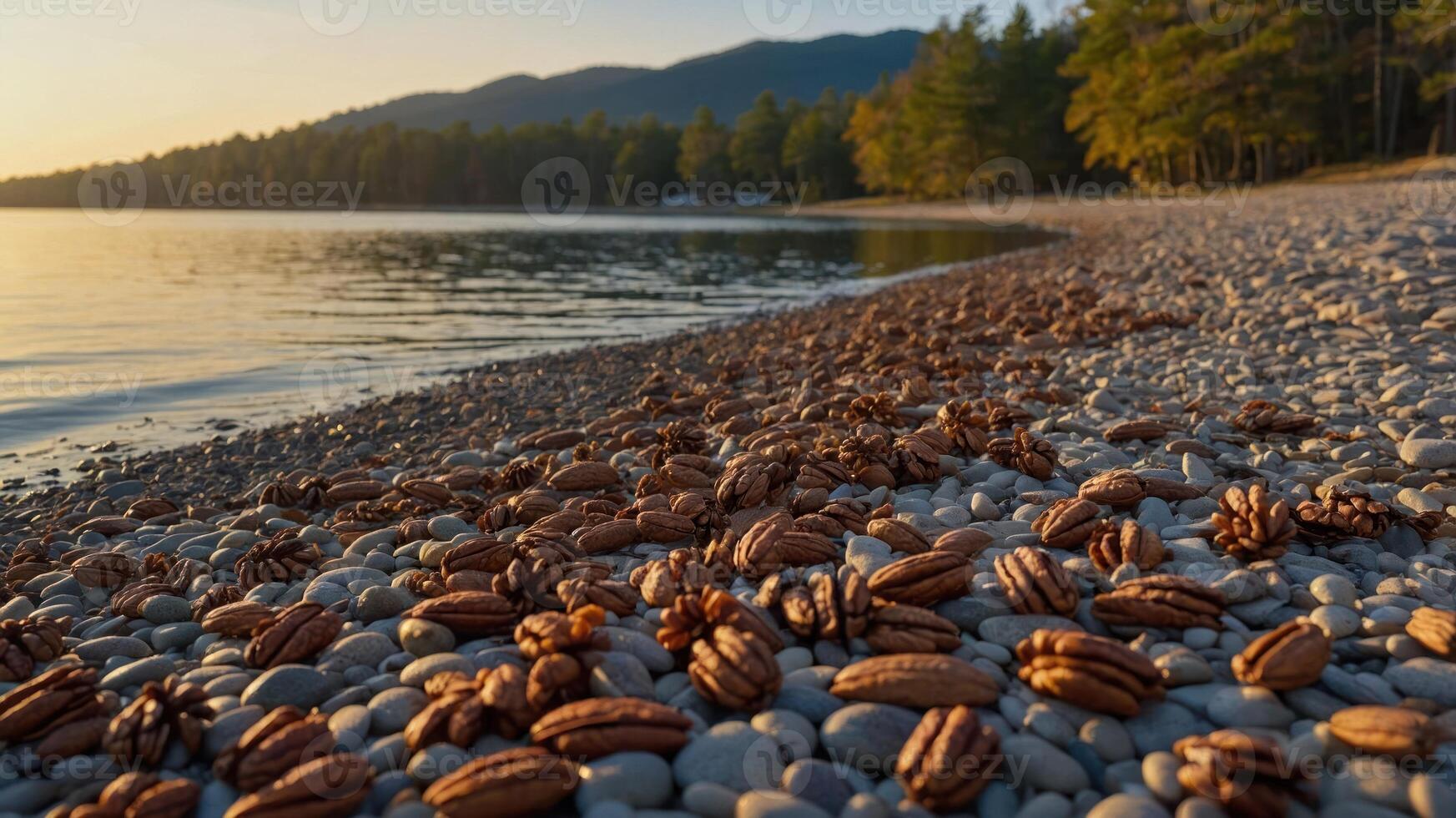 A serene lakeside scene with pecans scattered on a pebbled beach at sunset. photo