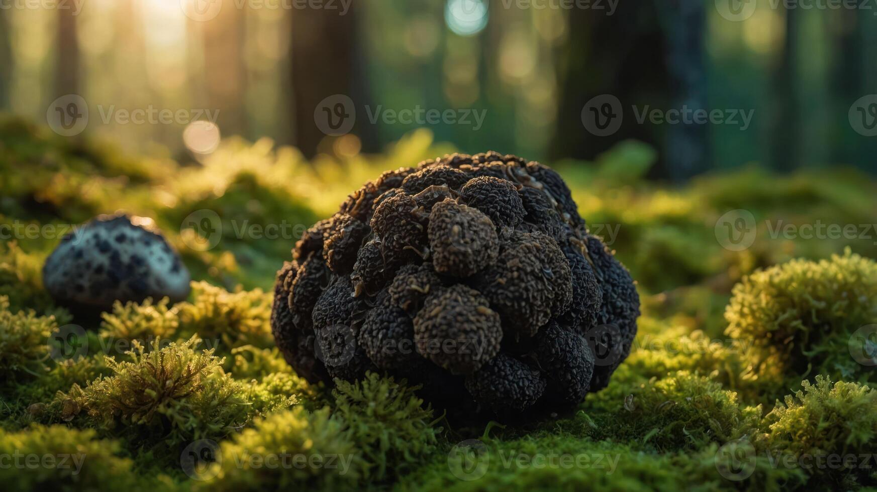 A close-up of a textured fungus on moss in a forest, highlighting nature's details. photo