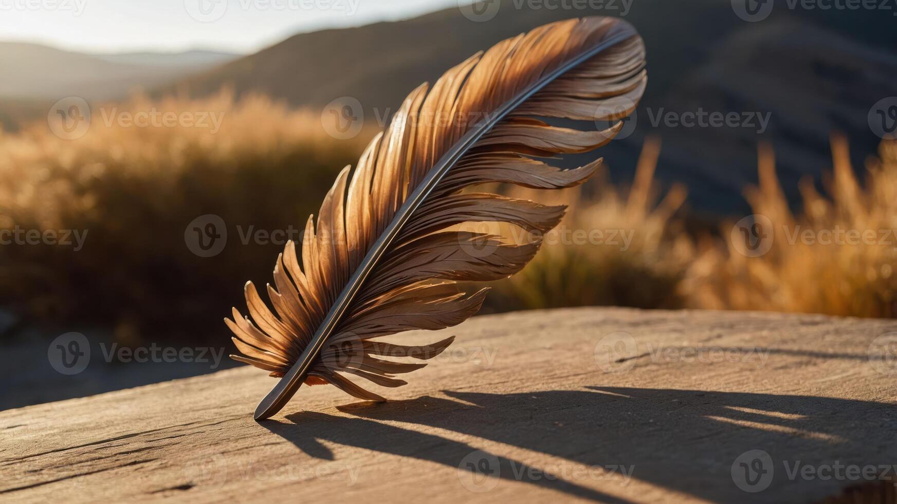 A beautifully detailed feather resting on a stone, illuminated by soft sunlight. photo