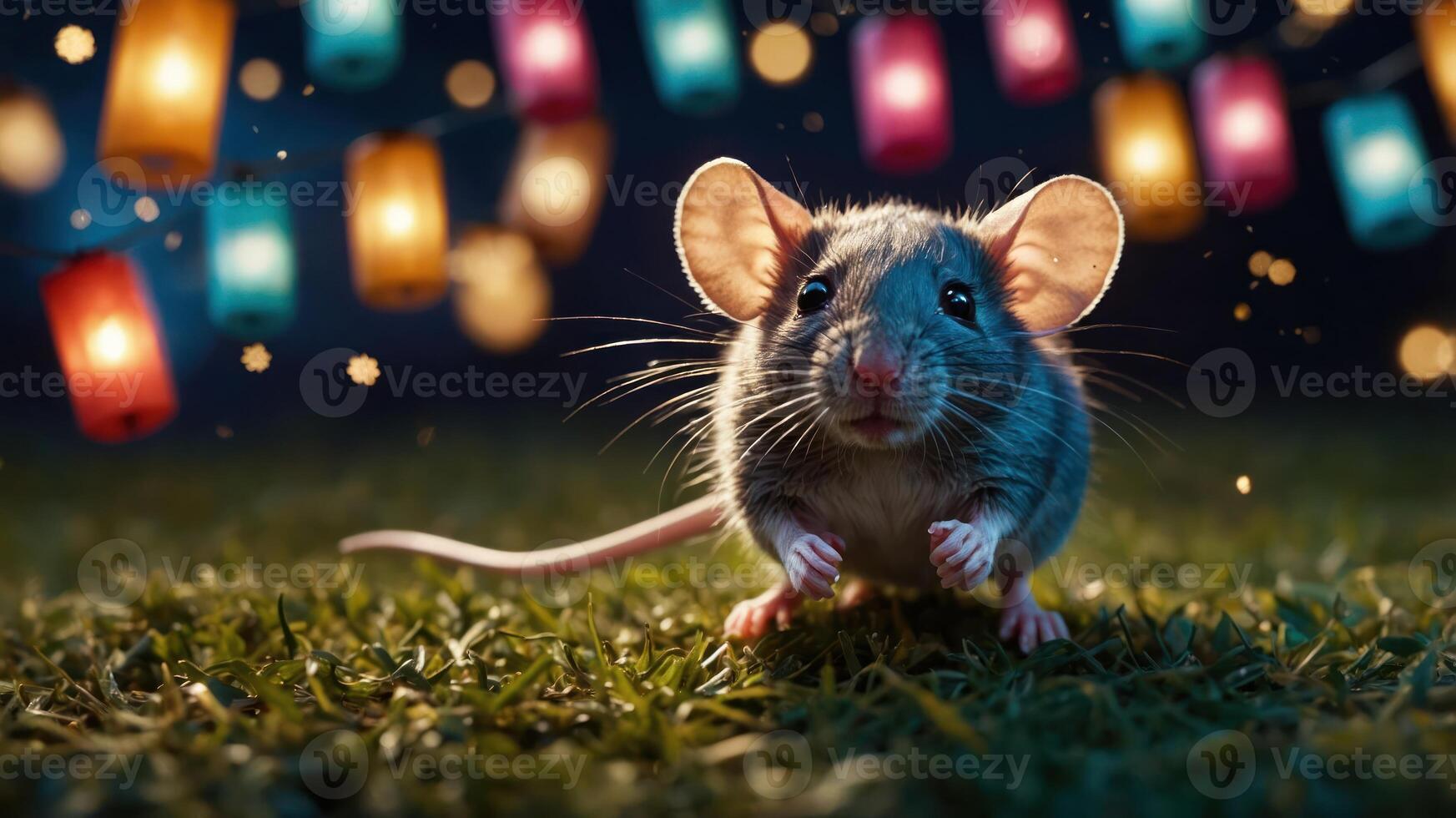 A cute mouse stands on grass under colorful lanterns, creating a whimsical atmosphere. photo