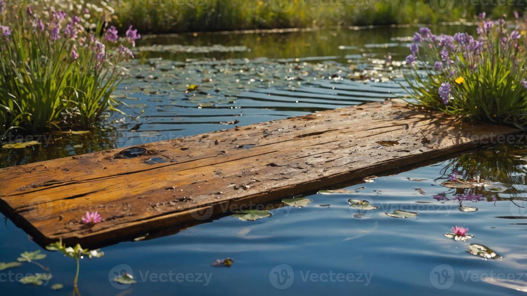A wooden plank rests on a serene pond, surrounded by water lilies and lush greenery. photo