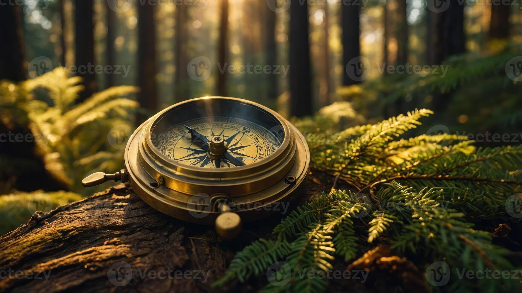 A compass rests on a mossy log in a sunlit forest, symbolizing navigation and exploration. photo