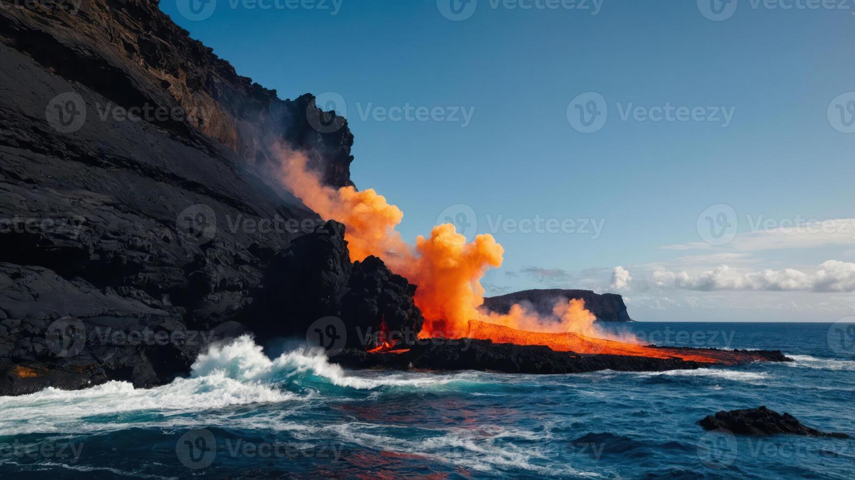 A volcanic eruption on a coastal landscape, with lava flowing into the ocean. photo